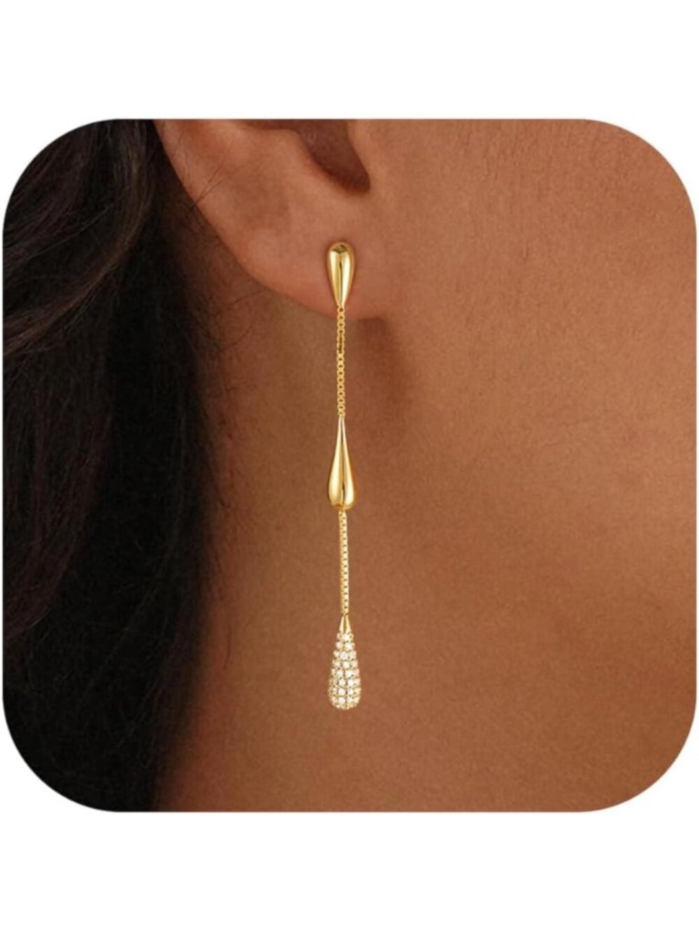 Trendy Dangle Earrings for Women, 14K Gold Plated CZ Huggie Drop, Long Chain